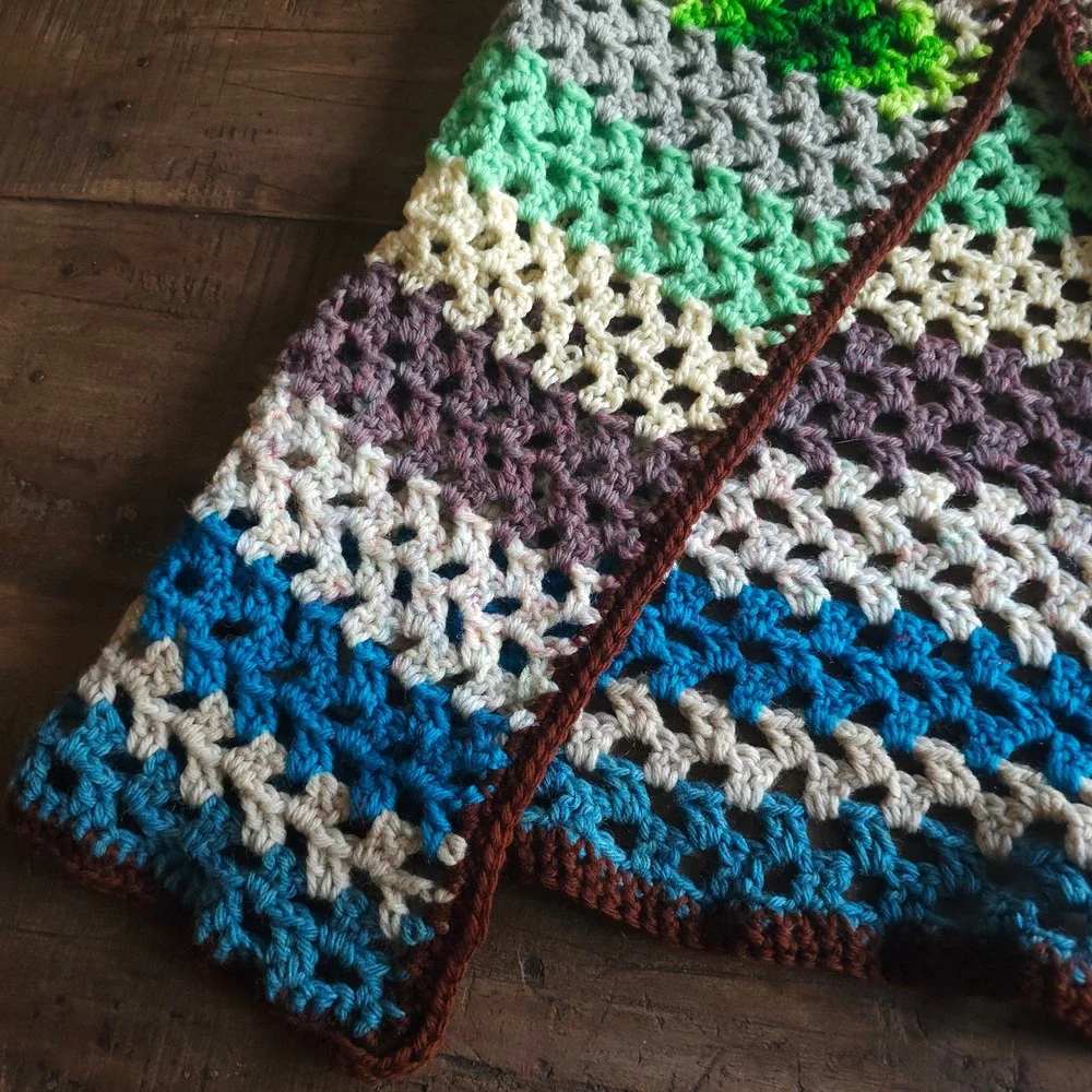 Handmade Crochet Granny Stitch Vest Multi Color Striped Boho Open Front 1970s 60